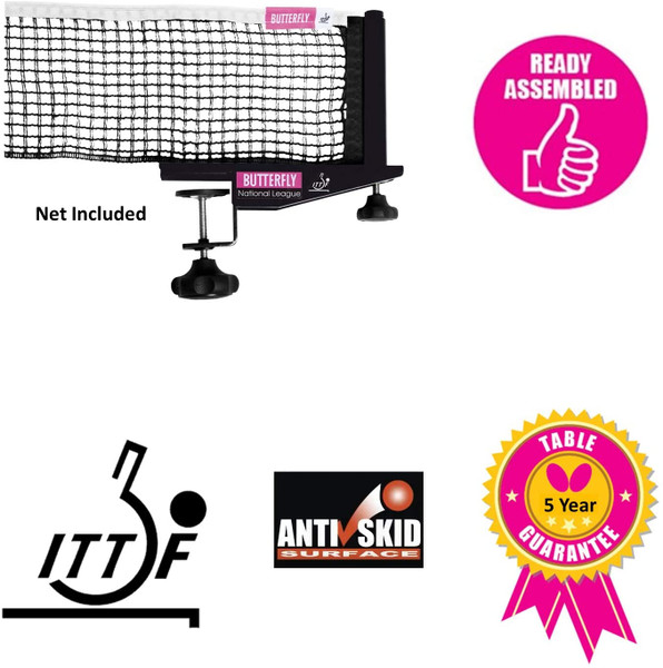 Butterfly Europa 25 Table Tennis Table comes with Butterfly National League Net St, already assembled, just need to add net, is ITTF approved, comes with AntiSkid top, and a 5 year warranty.